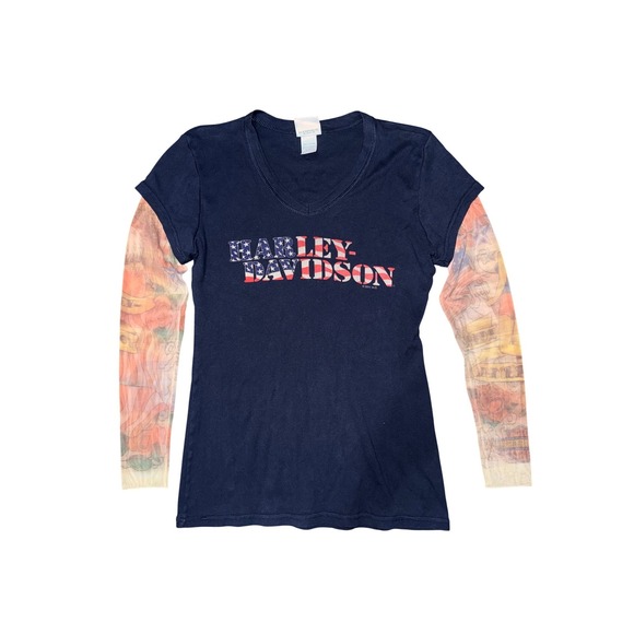 Harley-Davidson Tops - Harley Davidson Mesh Tattoo Sleeve Shirt Y2K Indie Sleaze Grunge Biker Americana